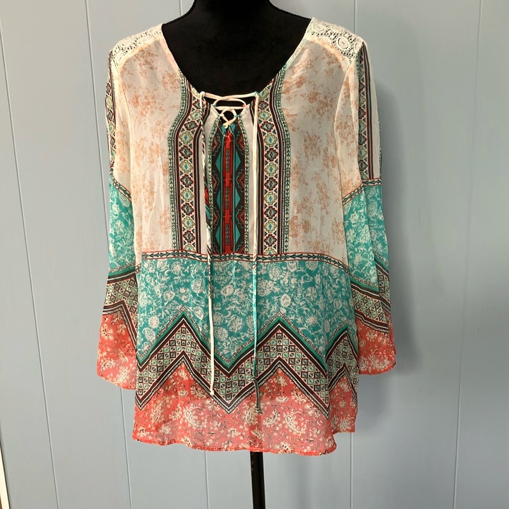 Bohemian Lace-Up Multicolor Blouse By Figueroa & Flower M Sheer Statement Sleeve